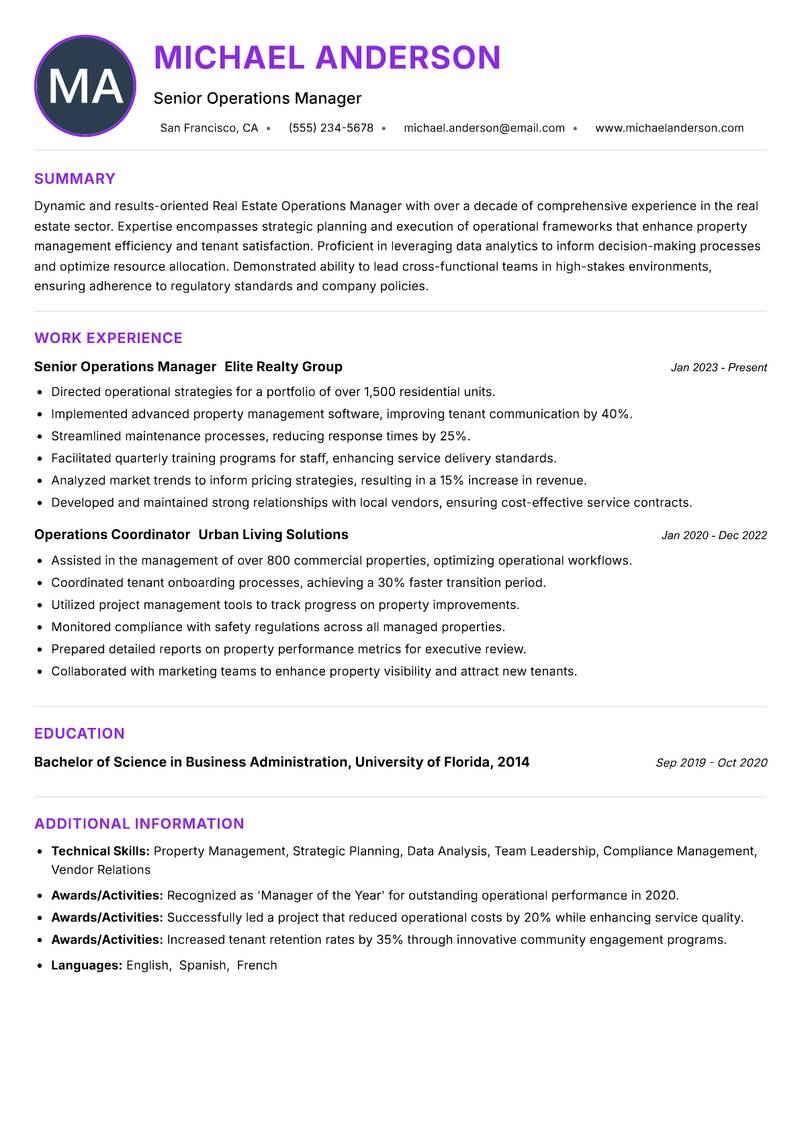 Real Estate Operations Manager resume example — ATS-friendly template