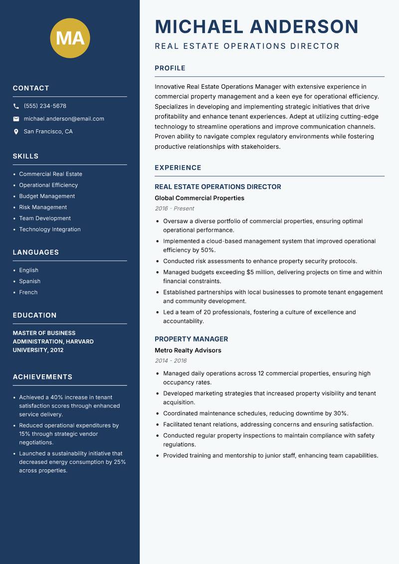 Real Estate Operations Manager resume template — Classic Clean