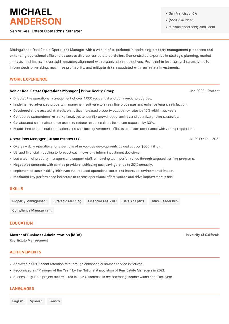 Real Estate Operations Manager resume template — Modern Professional