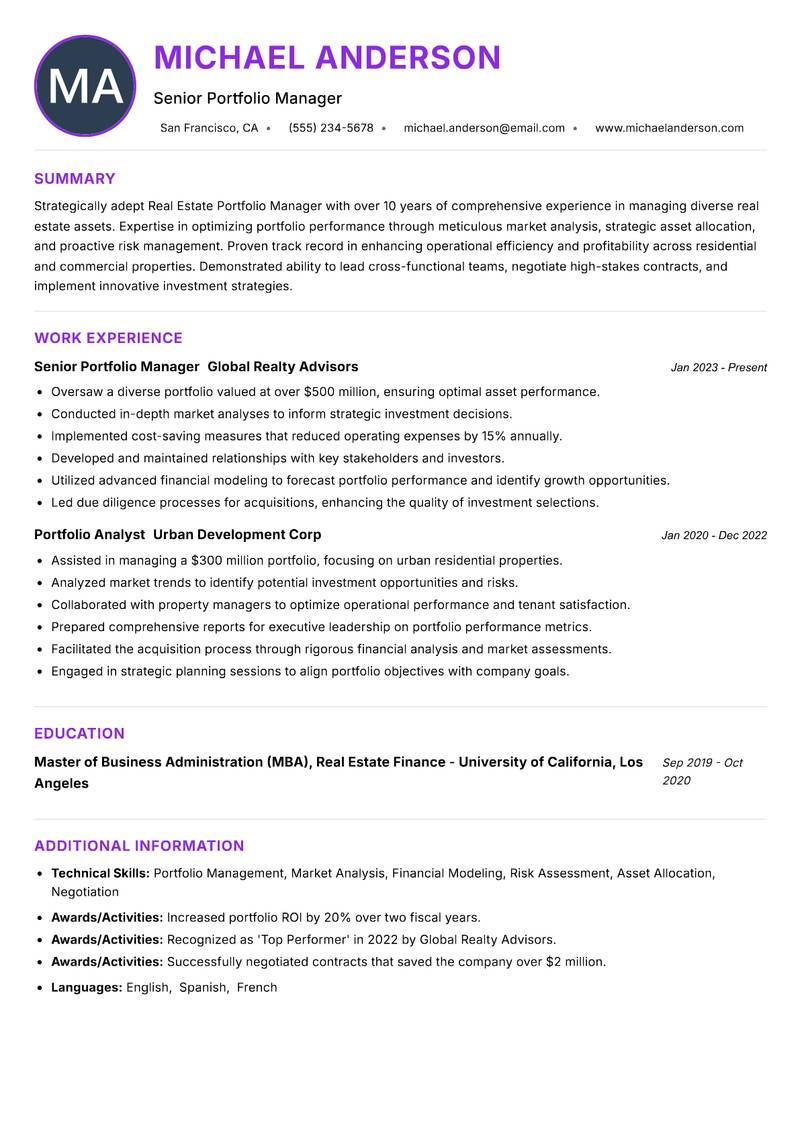 Real Estate Portfolio Manager resume example — ATS-friendly template