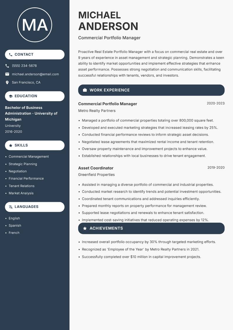Real Estate Portfolio Manager resume template — Compact