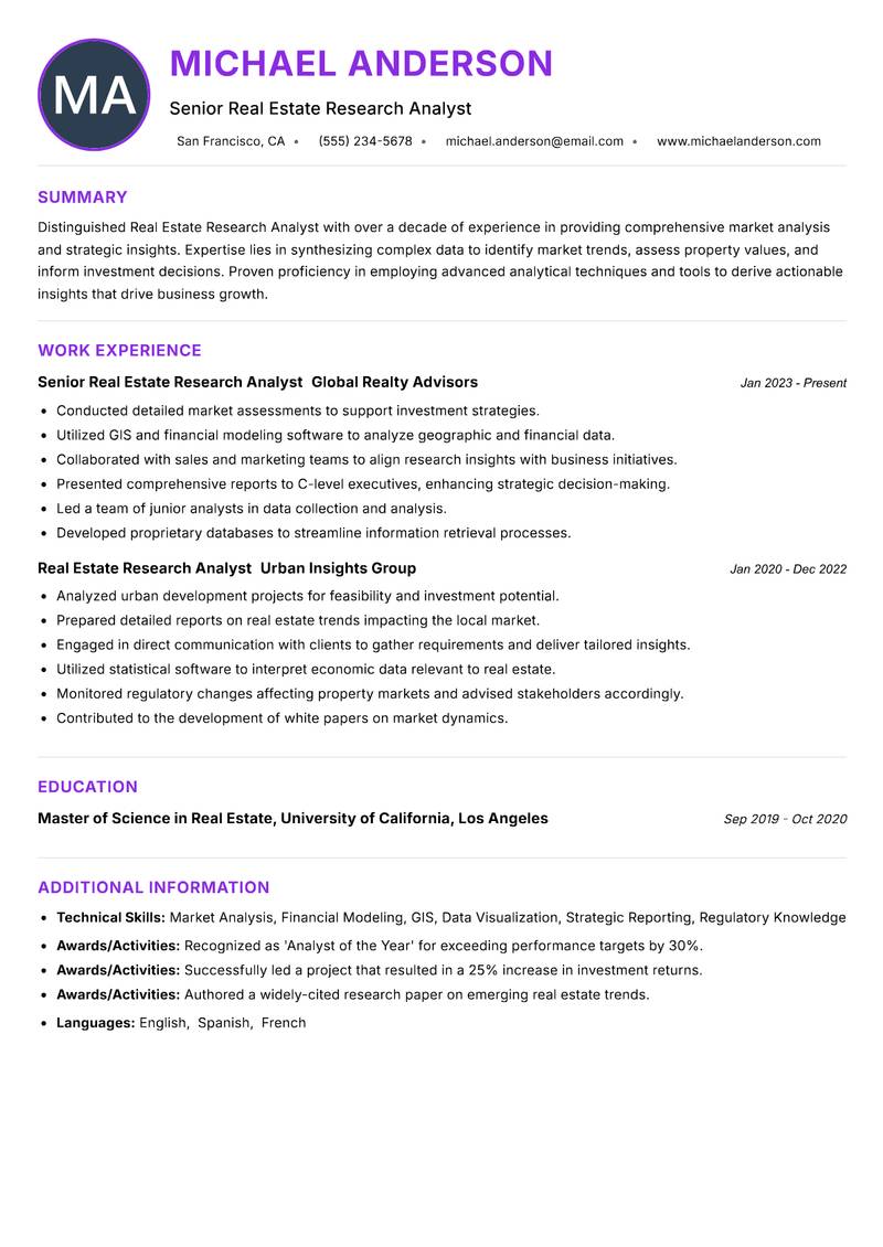 Real Estate Research Analyst resume example — ATS-friendly template