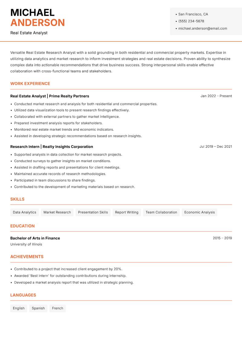 Real Estate Research Analyst resume template — Modern Professional