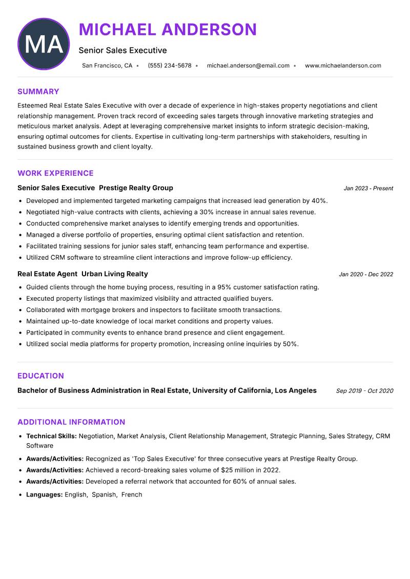 Real Estate Sales Executive resume example — ATS-friendly template
