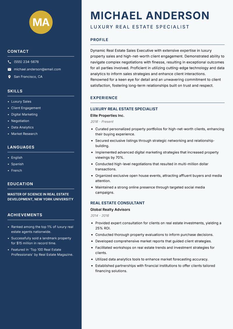 Real Estate Sales Executive resume template — Classic Clean