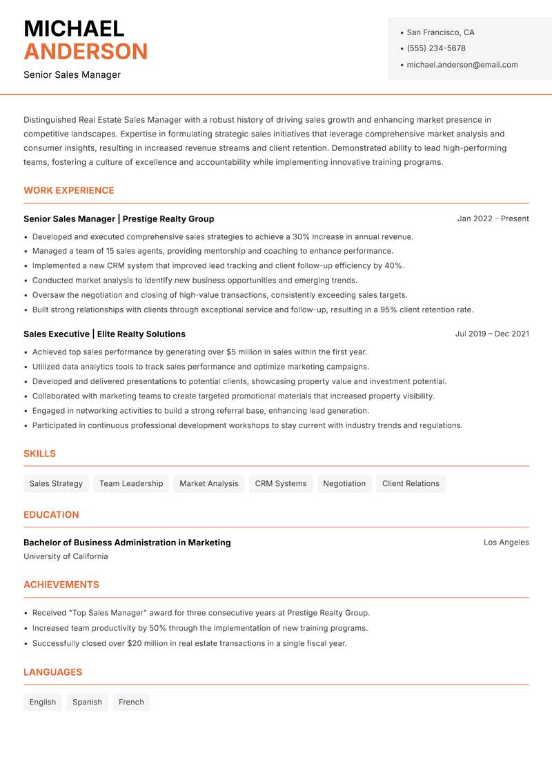 Real Estate Sales Manager resume template — Modern Professional