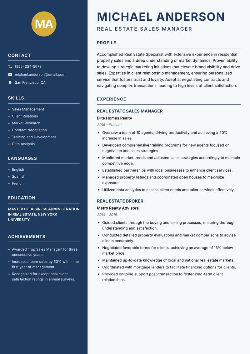Real Estate Specialist resume template — Classic Clean