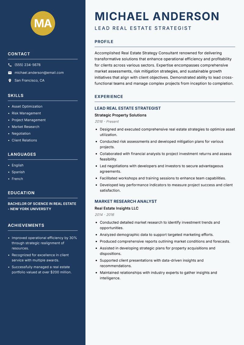 Real Estate Strategy Consultant resume template — Classic Clean