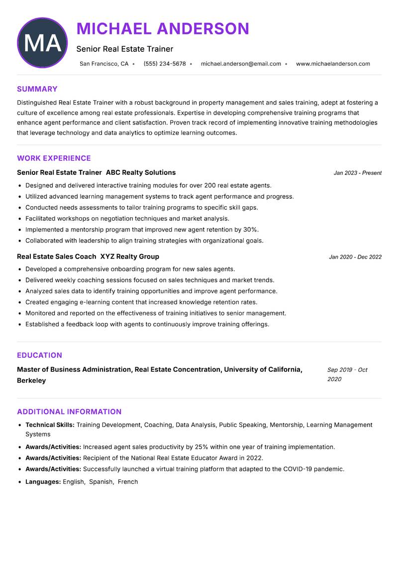 Real Estate Trainer resume example — ATS-friendly template