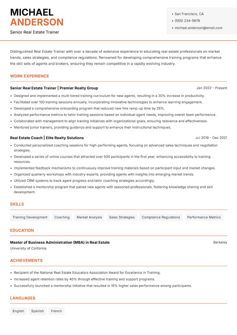 Real Estate Trainer resume template — Modern Professional