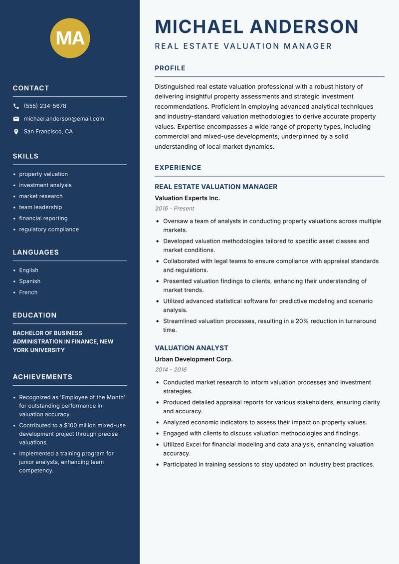 Real Estate Valuation Analyst resume template — Classic Clean