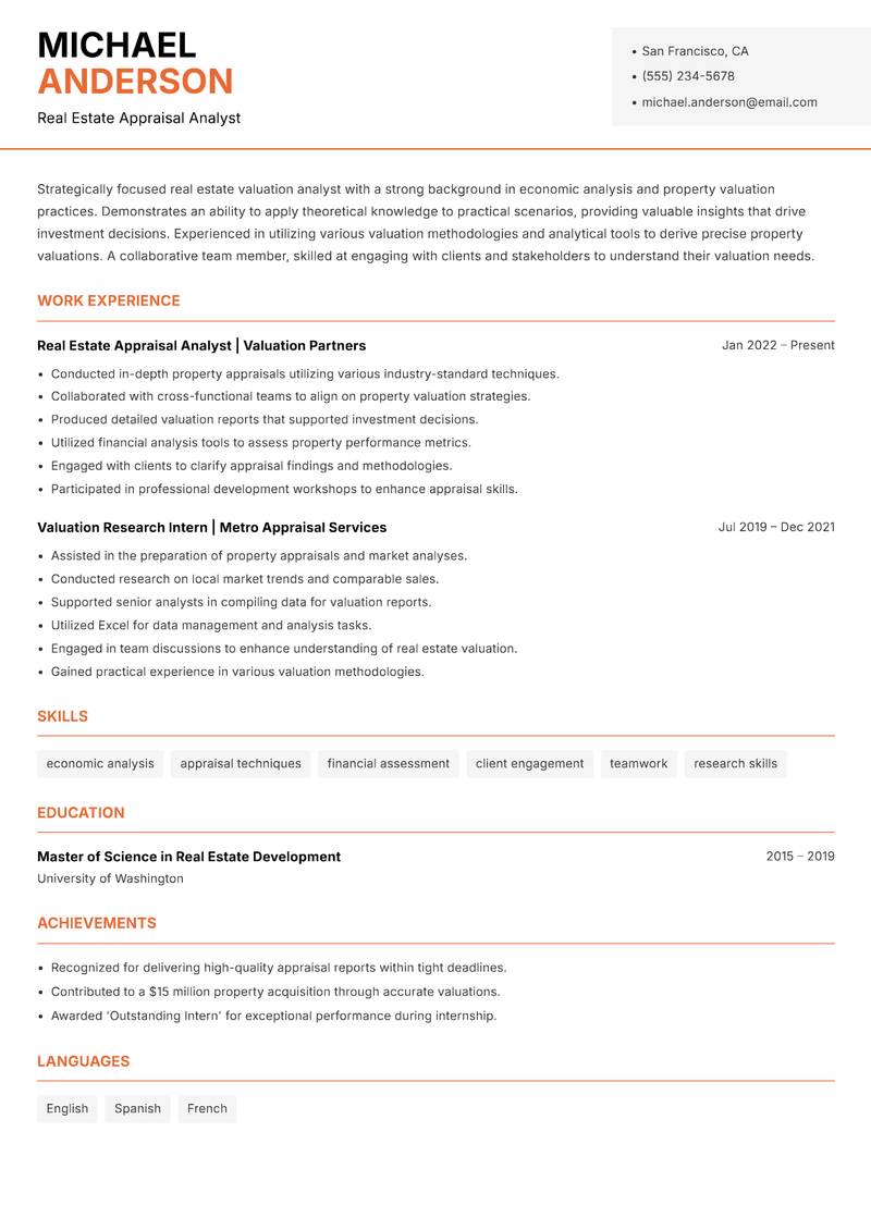 Real Estate Valuation Analyst resume template — Modern Professional