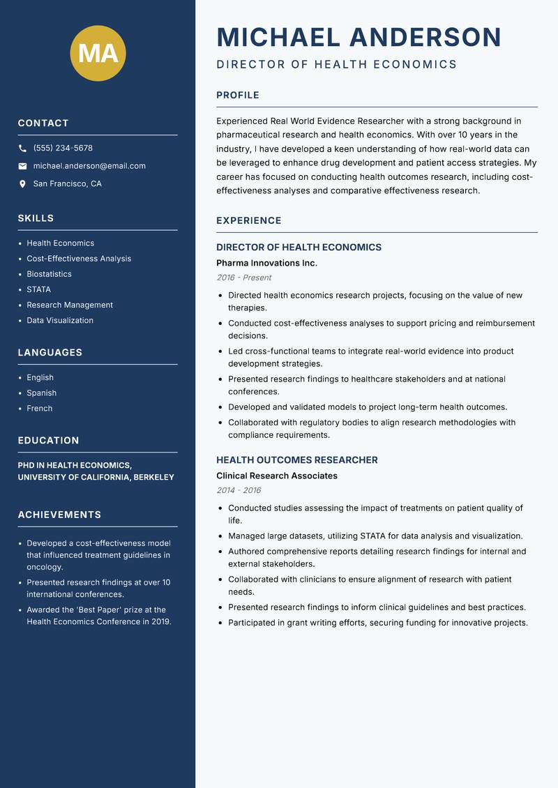Real World Evidence Researcher resume template — Classic Clean