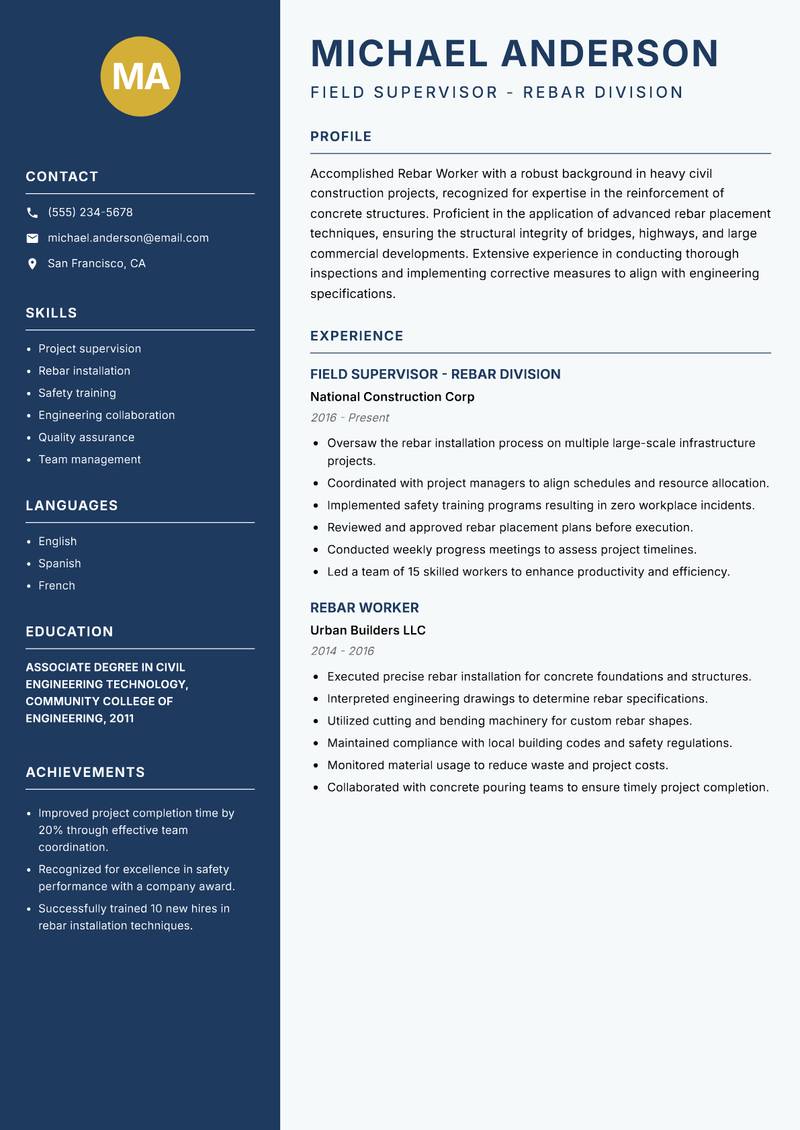 Rebar Worker resume template — Classic Clean