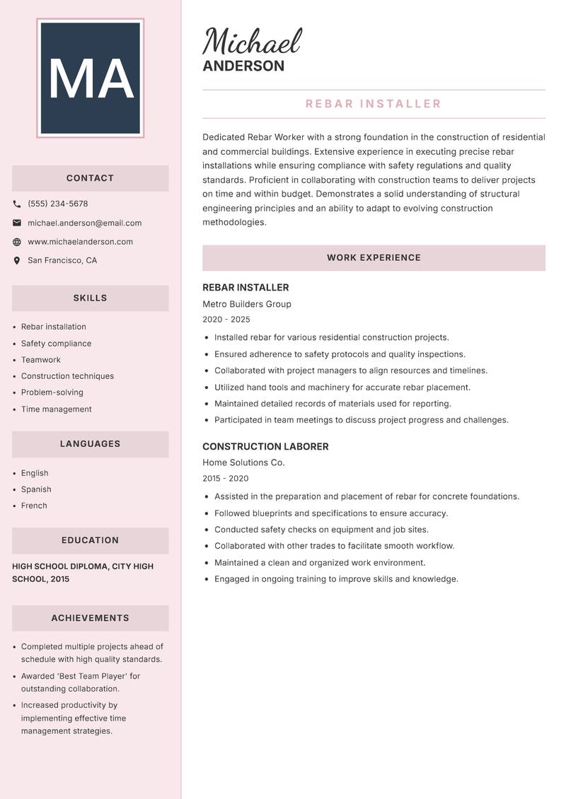 Rebar Worker resume template — Executive