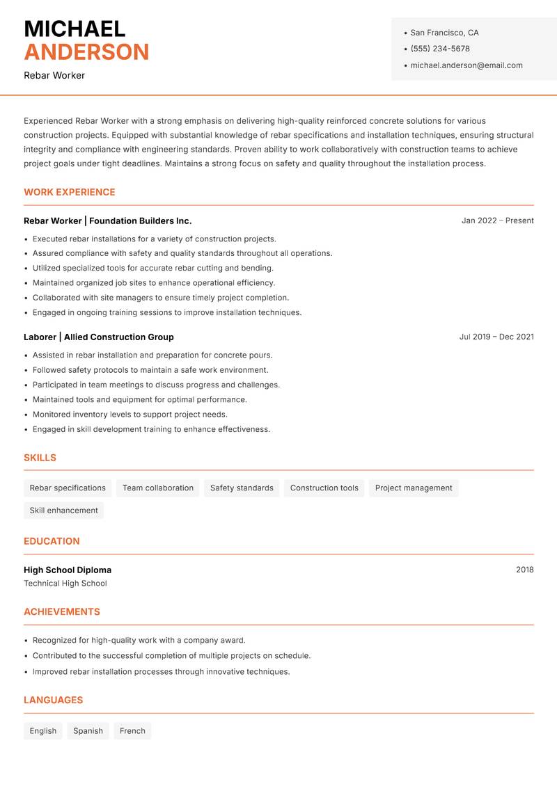Rebar Worker resume template — Modern Professional