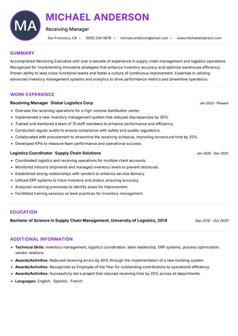 Receiving Executive resume example — ATS-friendly template