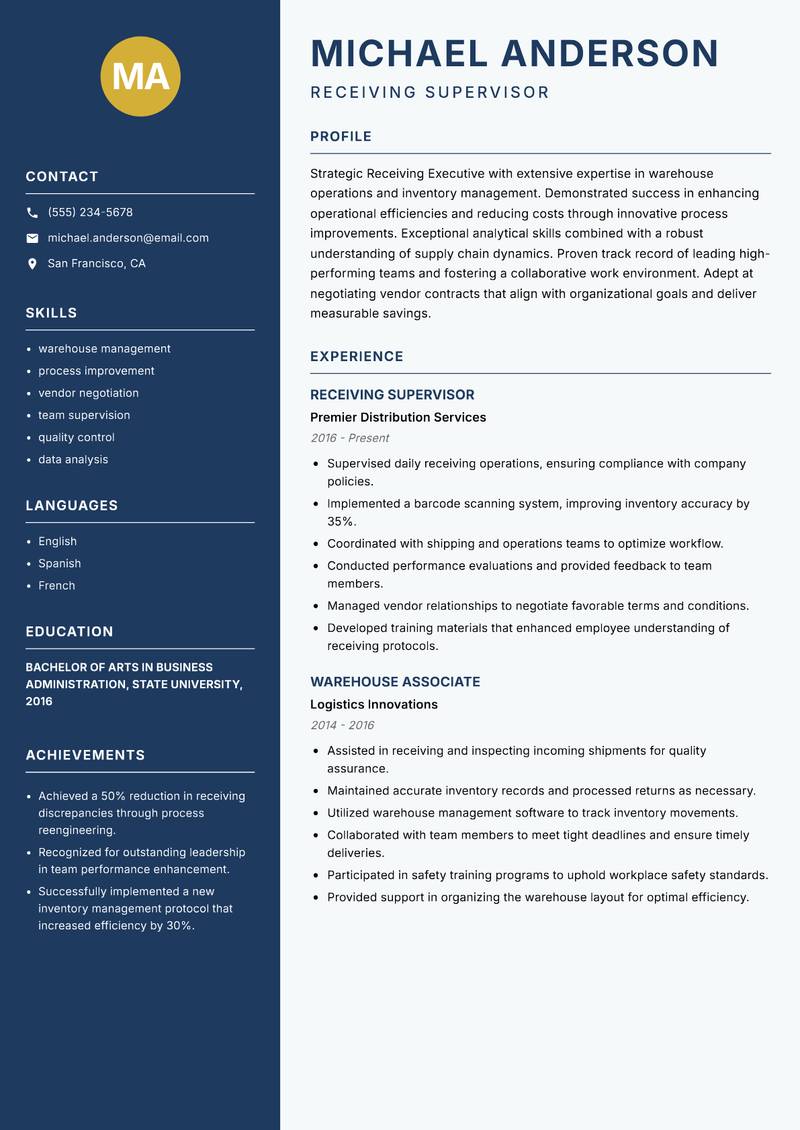 Receiving Executive resume template — Classic Clean