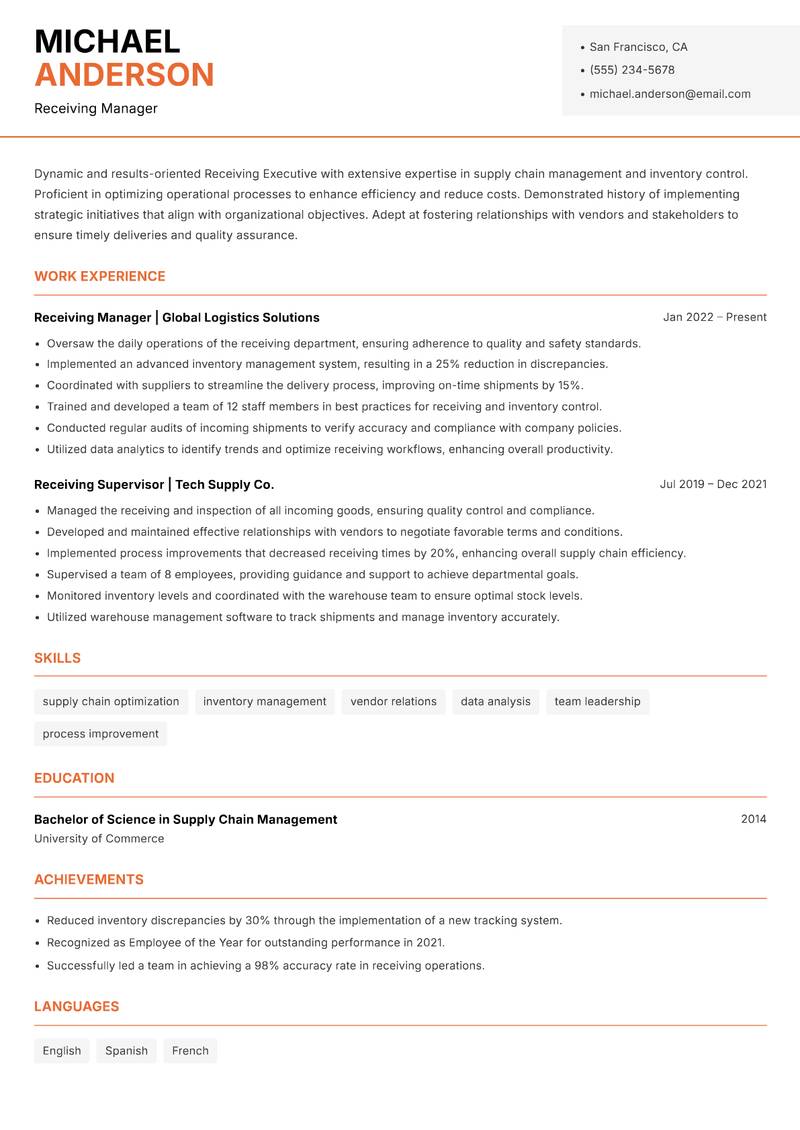 Receiving Executive resume template — Modern Professional
