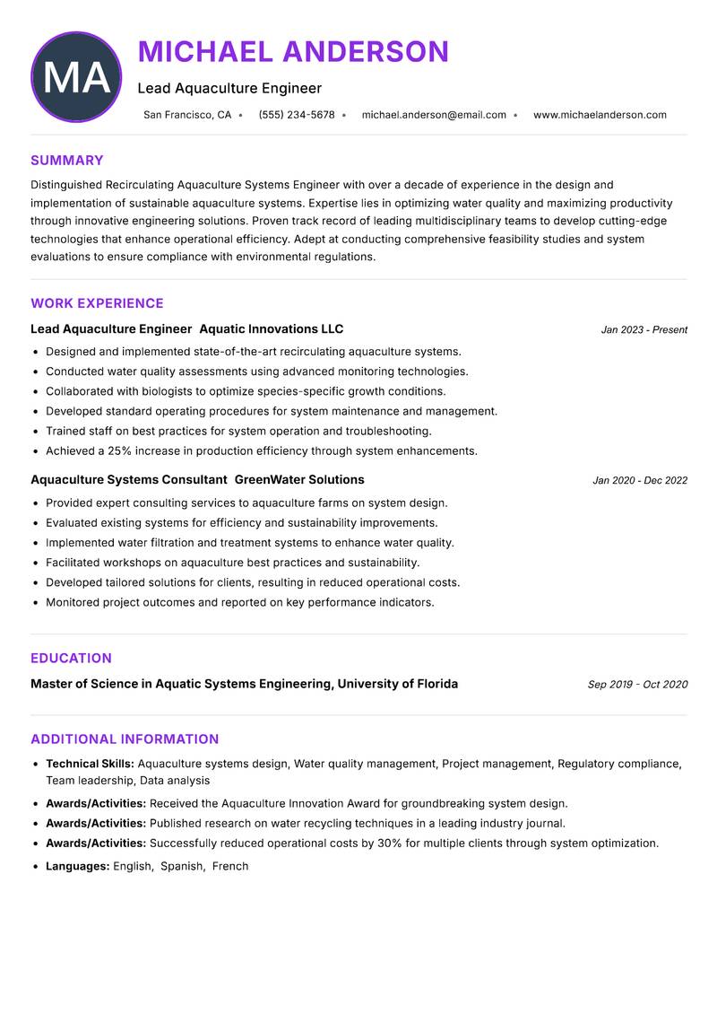 Recirculating Aquaculture Systems Engineer resume example — ATS-friendly template