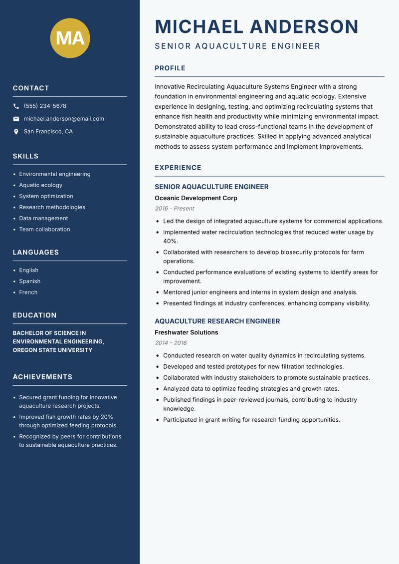 Recirculating Aquaculture Systems Engineer resume template — Classic Clean