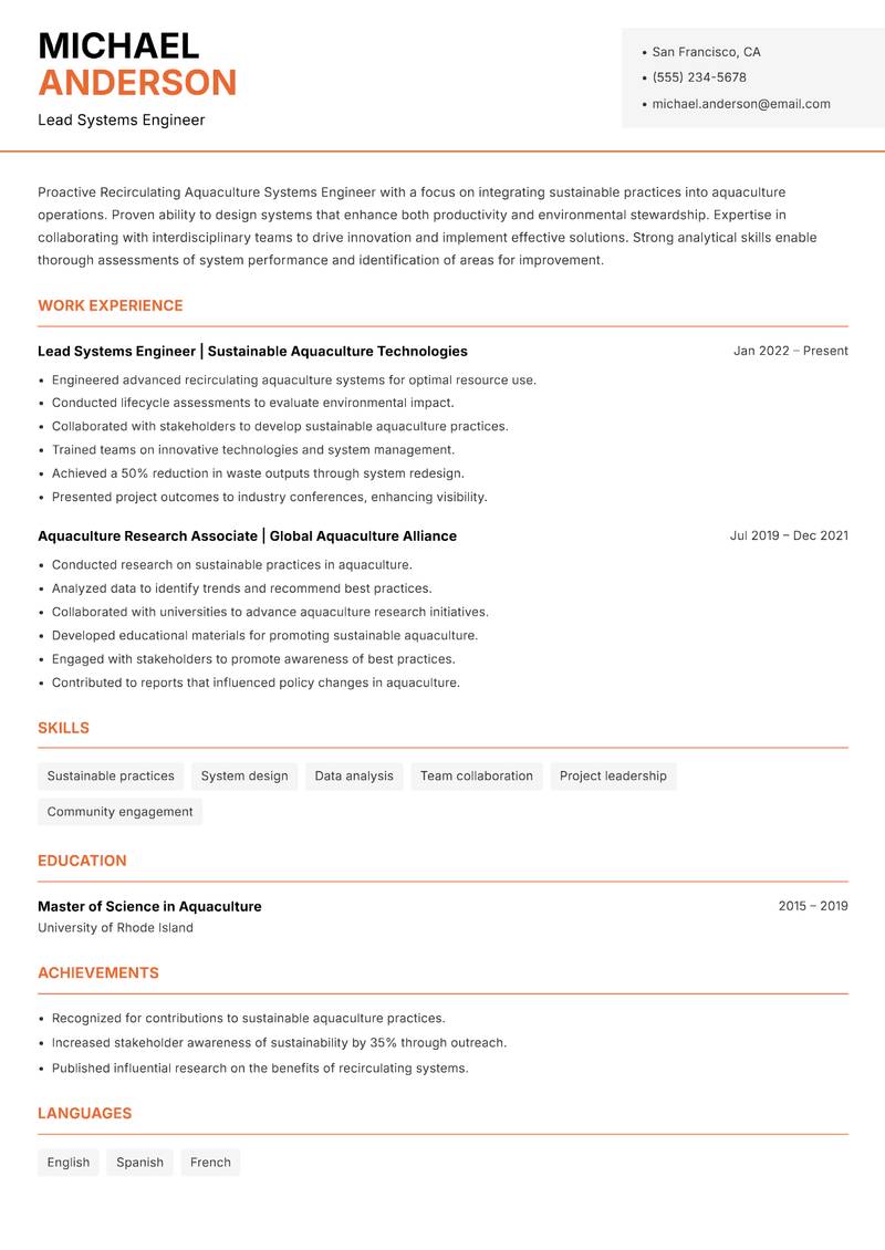 Recirculating Aquaculture Systems Engineer resume template — Modern Professional