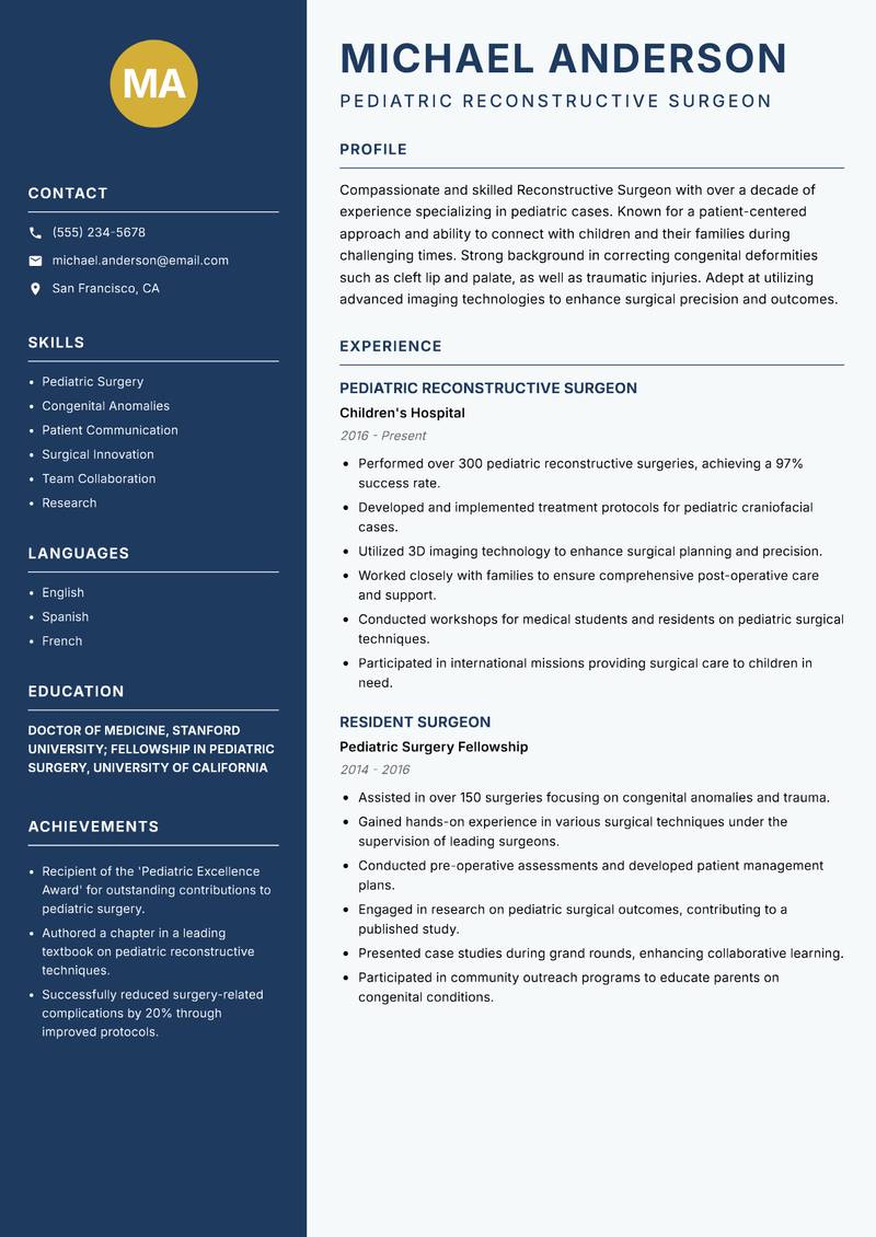 Reconstructive Surgeon resume template — Classic Clean