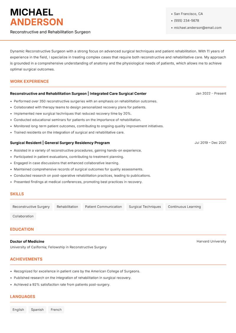 Reconstructive Surgeon resume template — Modern Professional