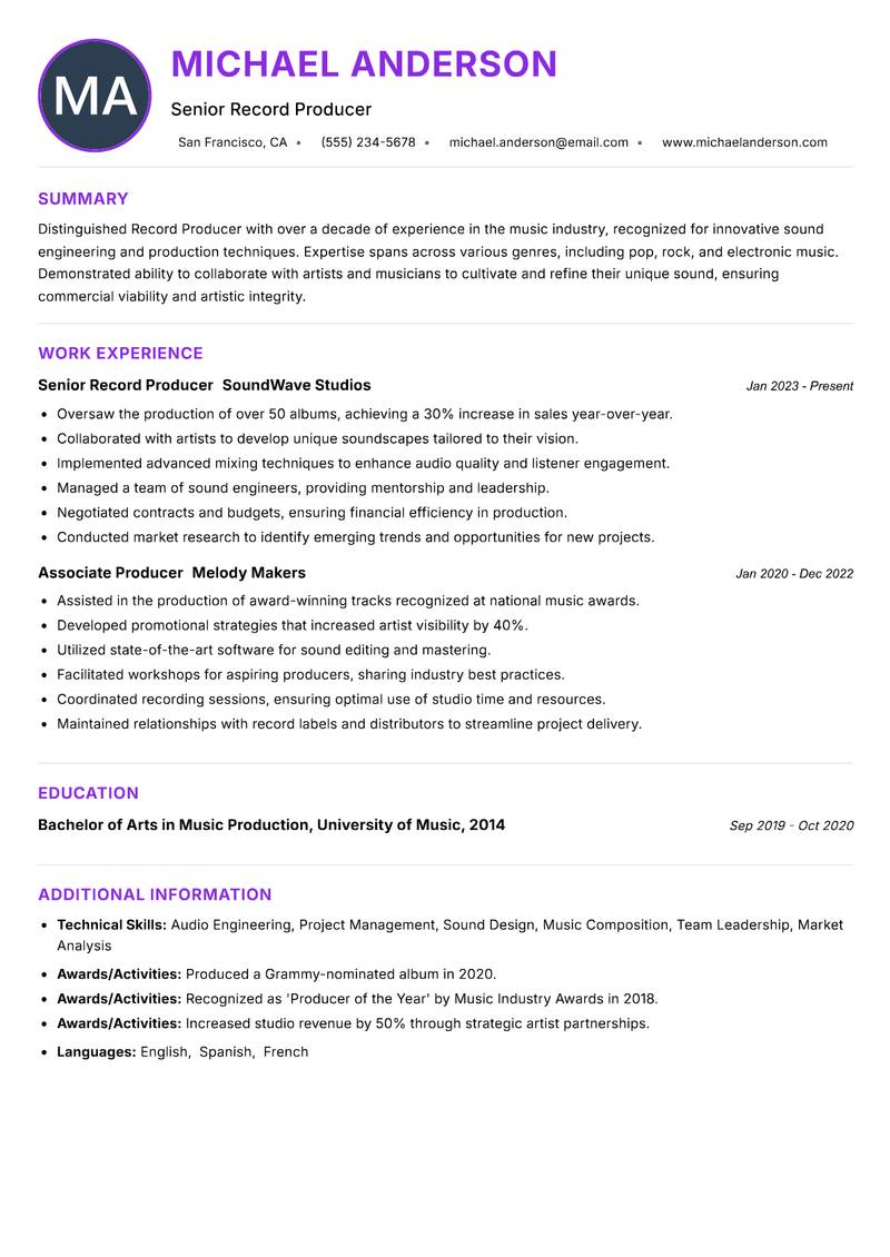 Record Producer resume example — ATS-friendly template