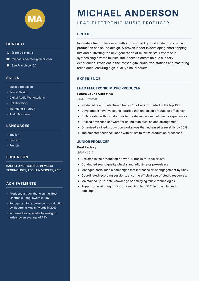 Record Producer resume template — Classic Clean