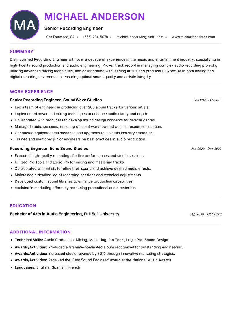 Recording Engineer resume example — ATS-friendly template
