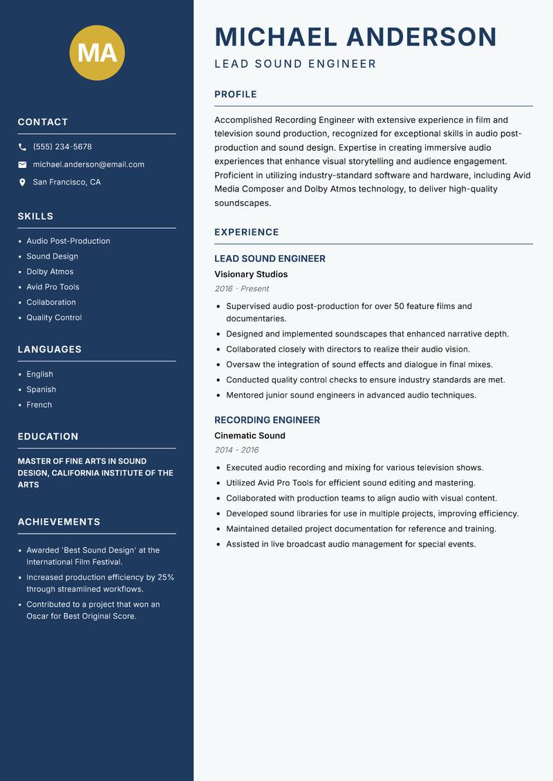 Recording Engineer resume template — Classic Clean