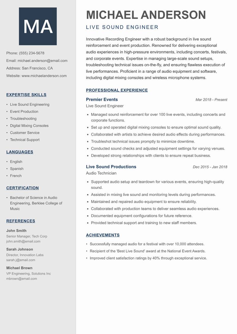 Recording Engineer resume template — Creative Minimal