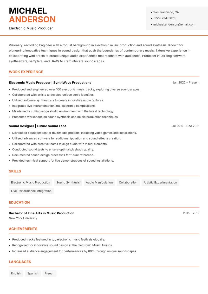 Recording Engineer resume template — Modern Professional