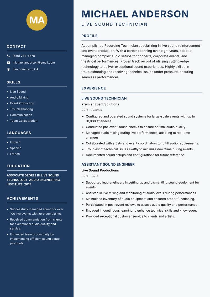 Recording Technician resume template — Classic Clean