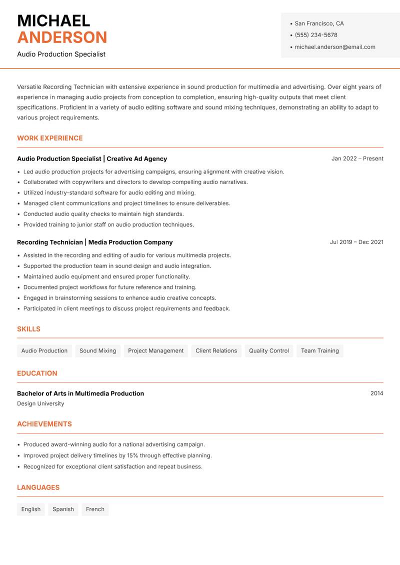 Recording Technician resume template — Modern Professional