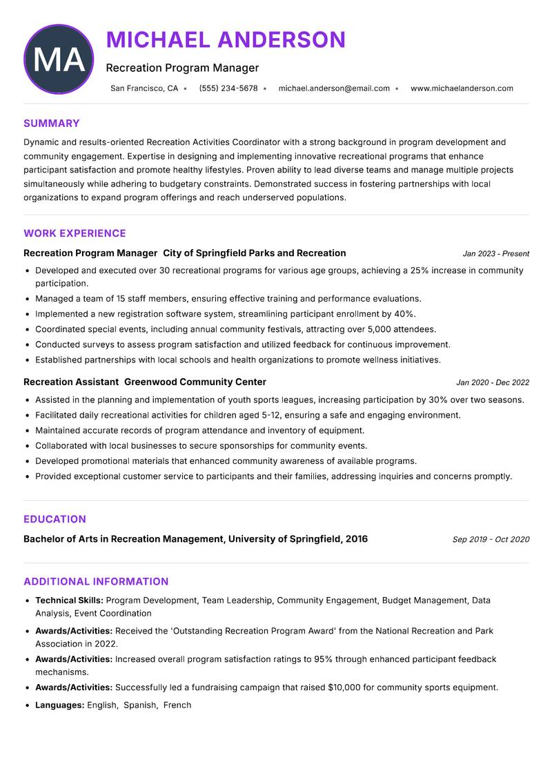 Recreation Activities Coordinator resume example — ATS-friendly template