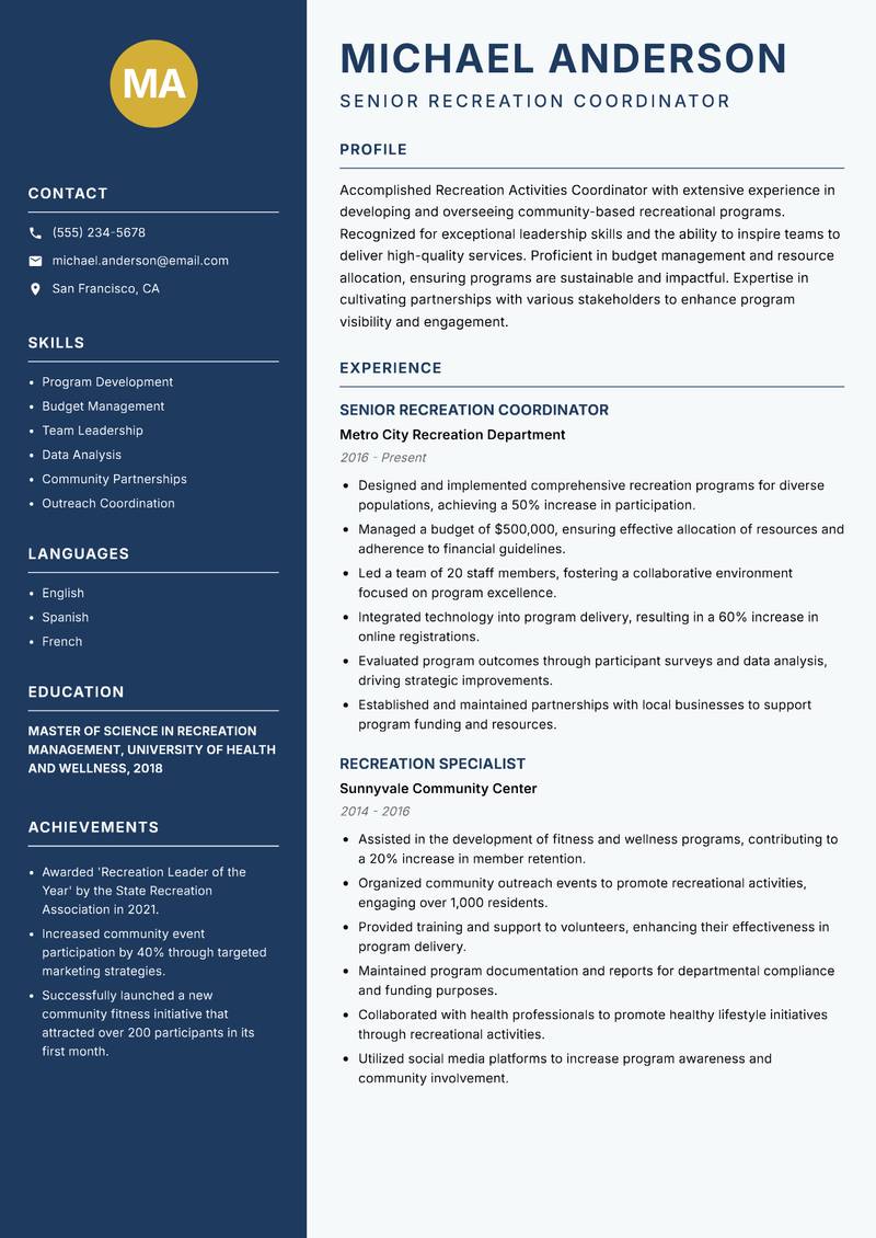 Recreation Activities Coordinator resume template — Classic Clean