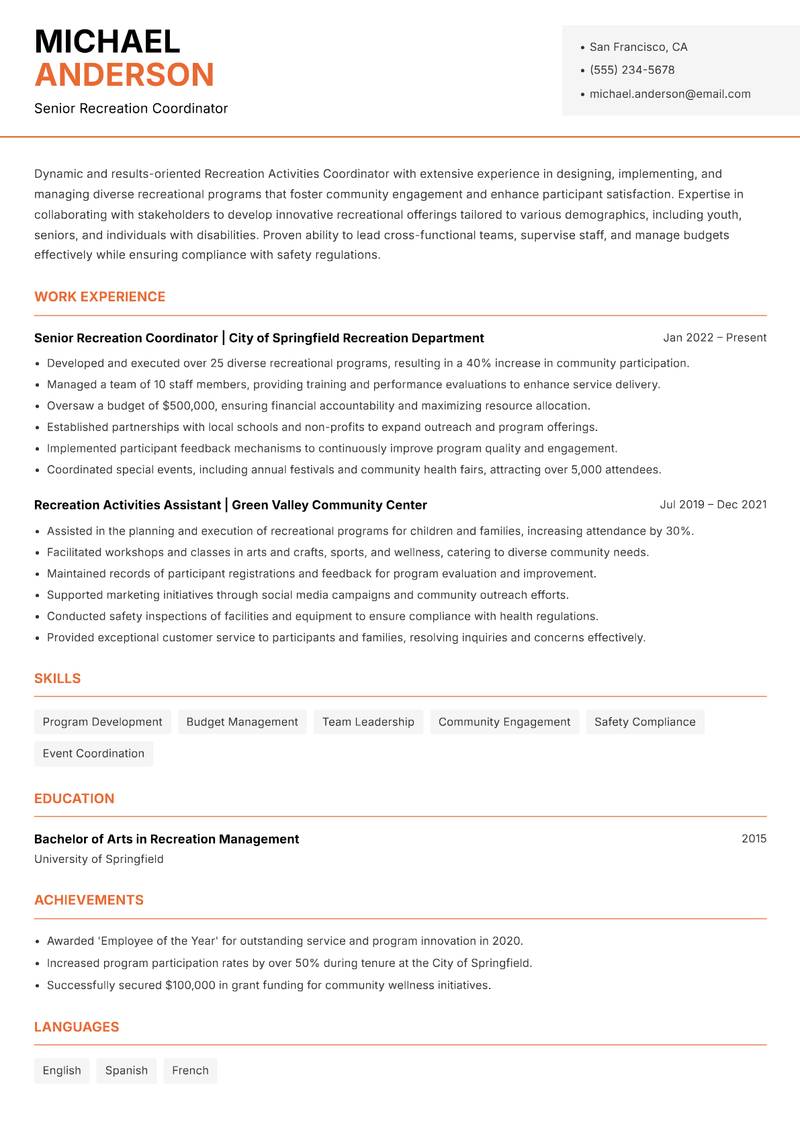 Recreation Activities Coordinator resume template — Modern Professional