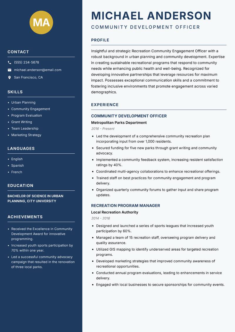 Recreation Community Engagement Officer resume template — Classic Clean