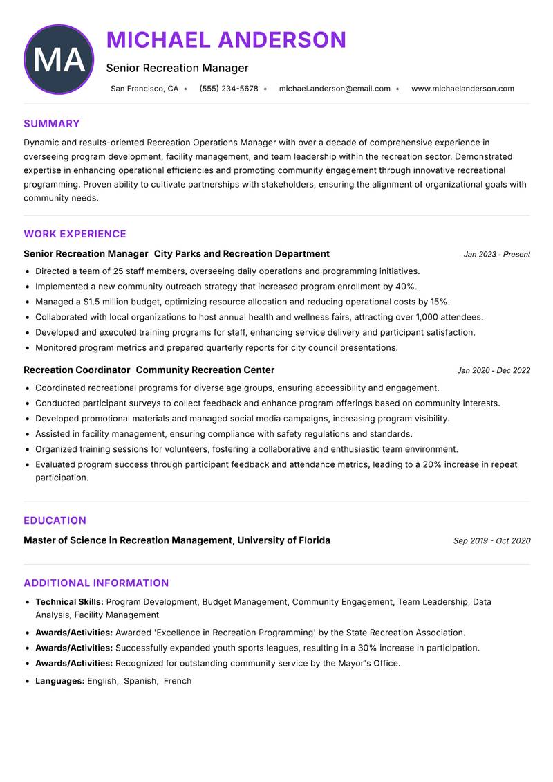 Recreation Operations Manager resume example — ATS-friendly template
