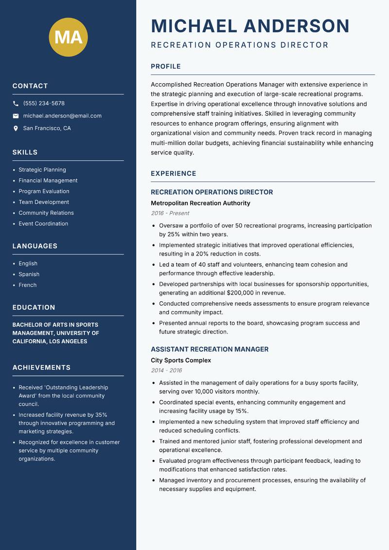 Recreation Operations Manager resume template — Classic Clean