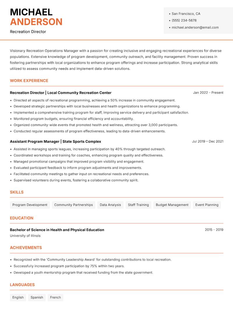 Recreation Operations Manager resume template — Modern Professional