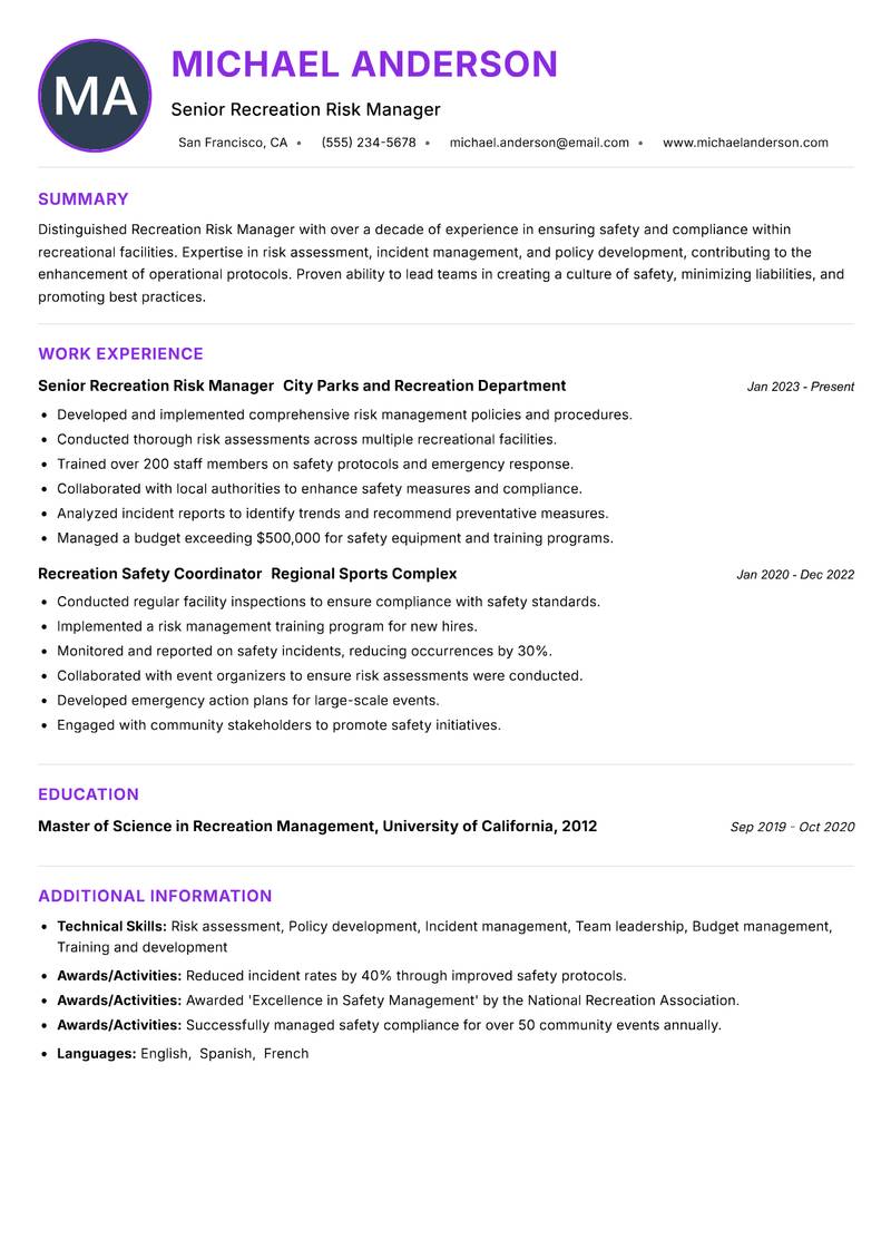 Recreation Risk Manager resume example — ATS-friendly template