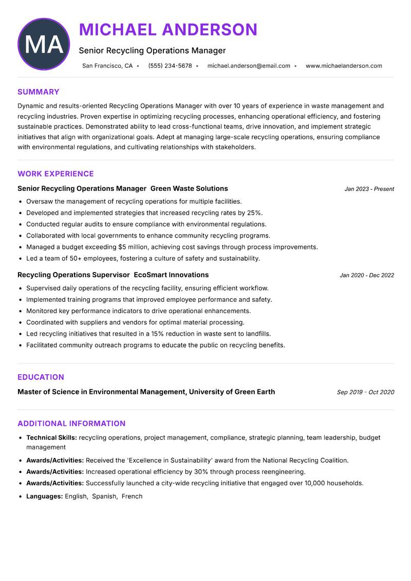 Recycling Operations Manager resume example — ATS-friendly template