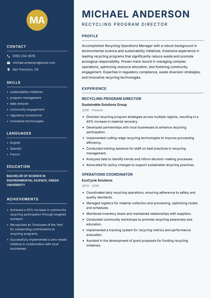 Recycling Operations Manager resume template — Classic Clean