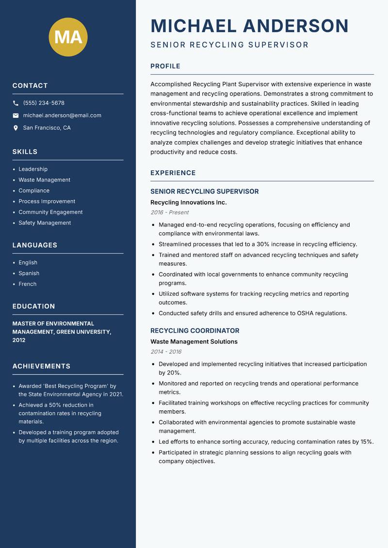 Recycling Plant Supervisor resume template — Classic Clean