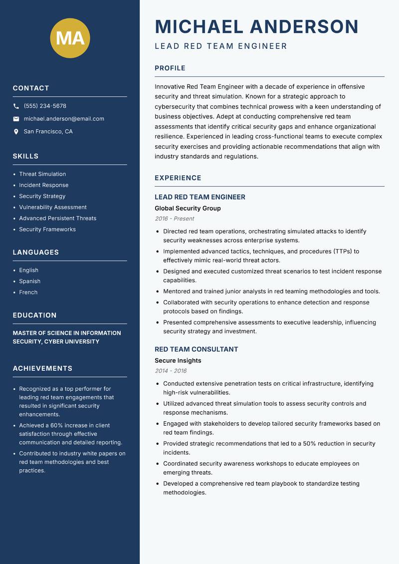 Red Team Engineer resume template — Classic Clean