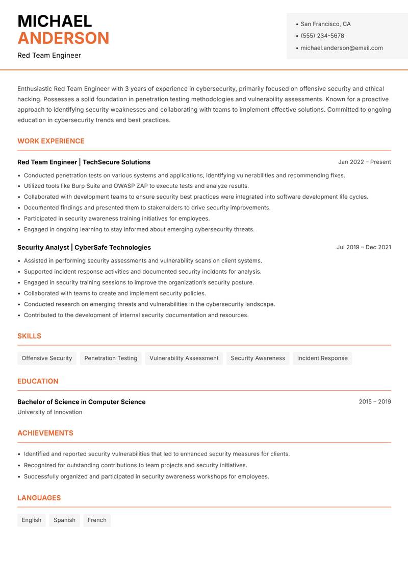 Red Team Engineer resume template — Modern Professional