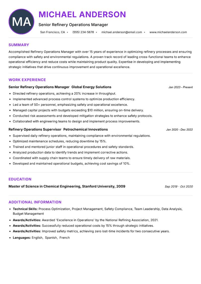 Refinery Operations Manager resume example — ATS-friendly template